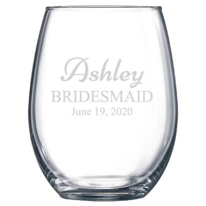 Personalized bridesmaid stemless wine glass