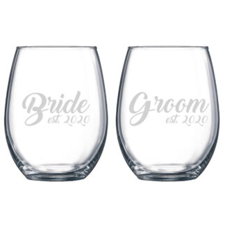 Bride Groom Stemless Wine Glass Set